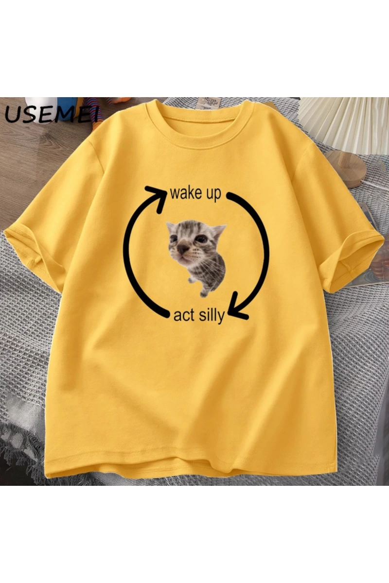 Uyandırma hareket kedi T Shirt erkek kadın rahat pamuk kısa kol