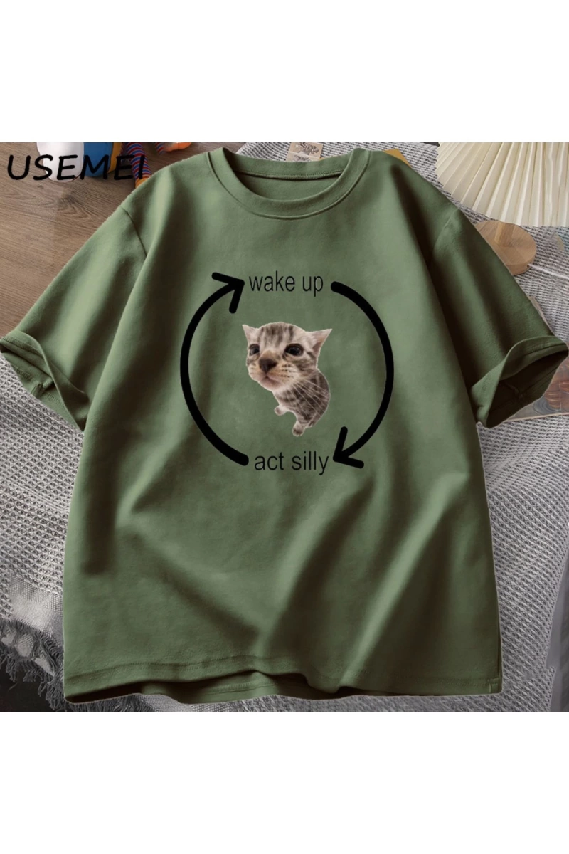 Uyandırma hareket kedi T Shirt erkek kadın tişört