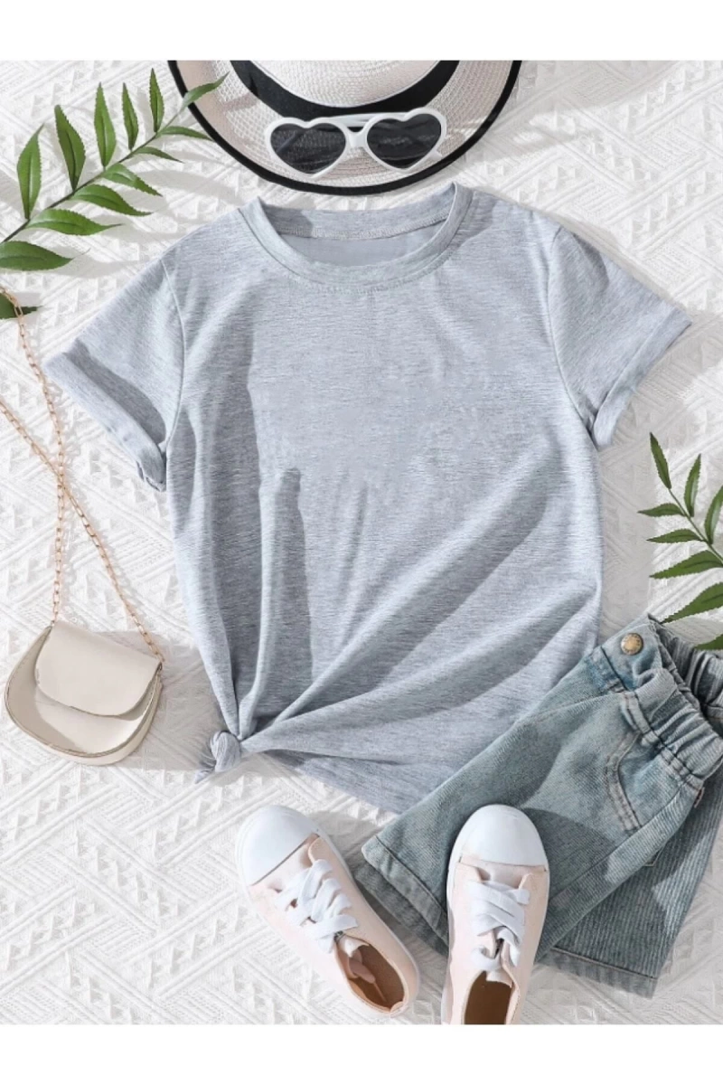 VASK Ünisex Rahat Kalıp Pamuklu Düz Gri-melanj Çocuk T-shirt TYC00773675543