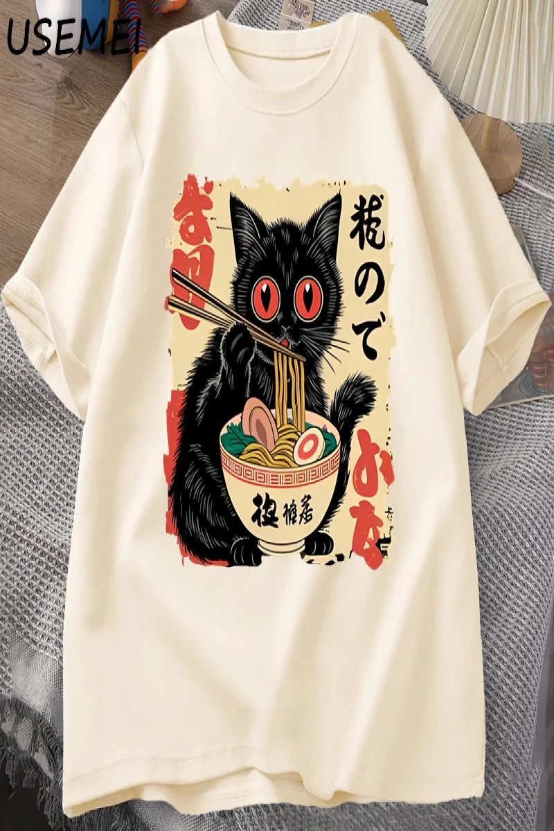 Vintage Japon Siyah Kedi Ramen T Shirt Sevimli Grafik Tee Komik Kedi Yeme Ramen T-Shirt Baskı 2828
