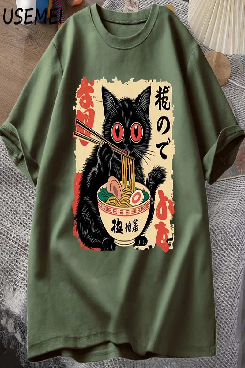 Vintage Japon Siyah Kedi Ramen T Shirt Sevimli Grafik Tee Komik Kedi Yeme Ramen T-Shirt Baskı 2828