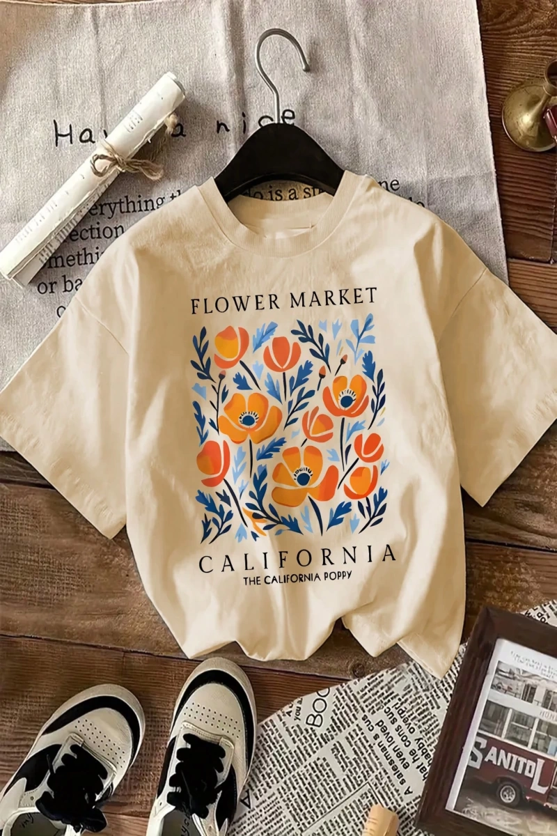 Vintage Loose Kişilik Sokak Grafik Baskılı Yuvarlak Yaka Kısa Kollu Tişört
