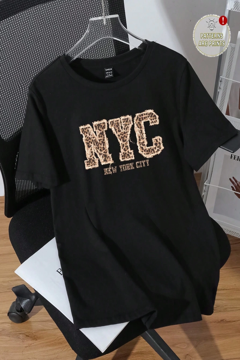 Vintage New York Leopar Desenli Grafik Yuvarlak Yaka Bol Kesim Kısa Kollu Kadın Tişö