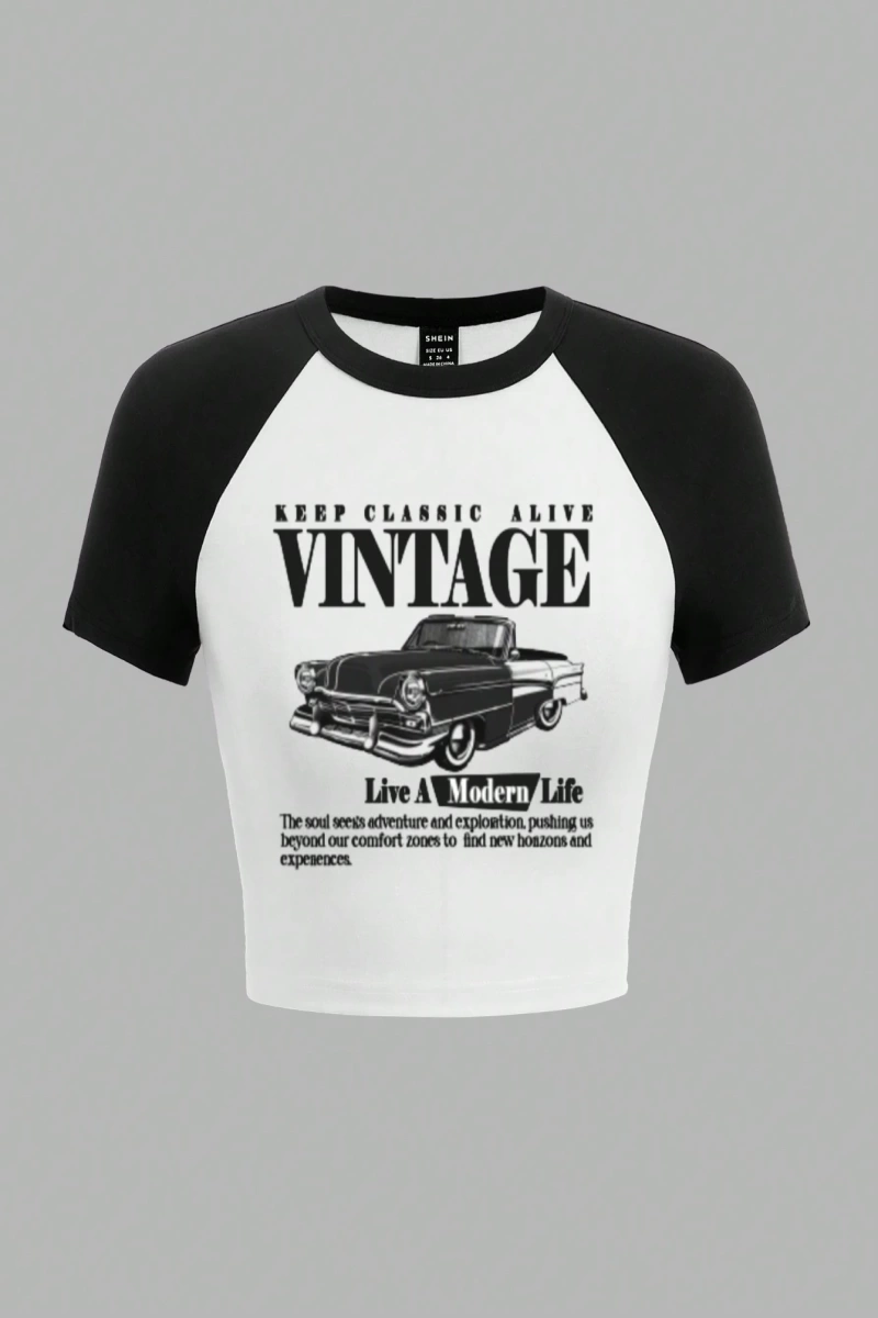 Vintage Yarış Arabası Desenli Rahat Basit Tasarım Mürettebat Yaka Kısa Kollu Kırpılm