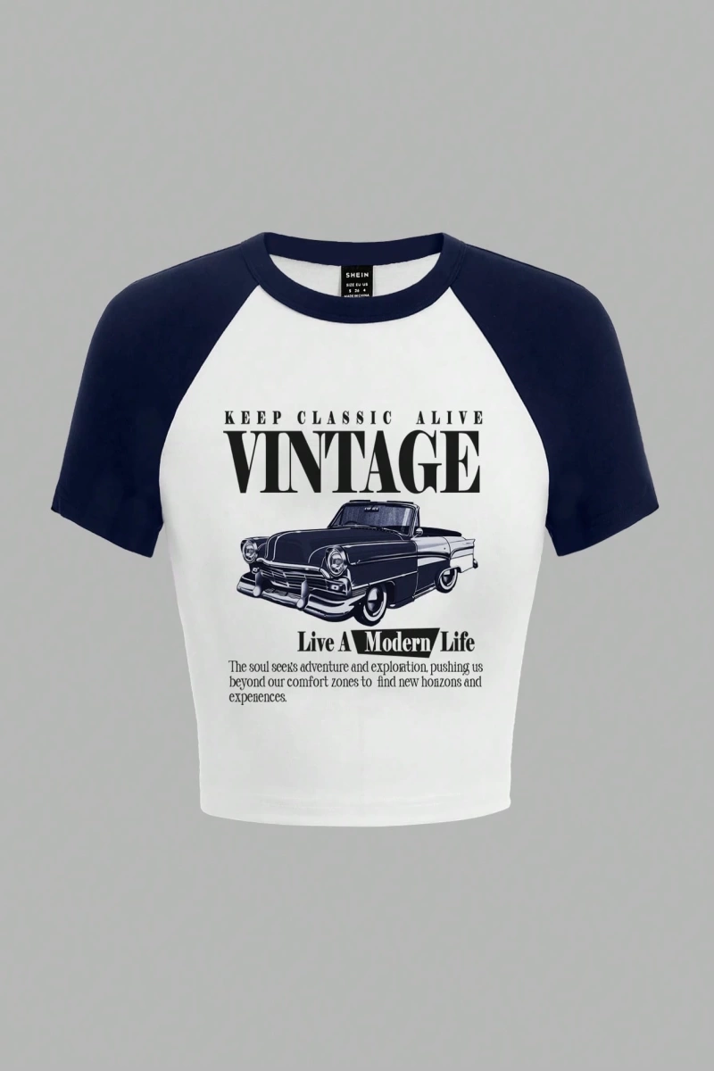 Vintage Yarış Arabası Desenli Rahat Basit Tasarım Mürettebat Yaka Kısa Kollu Kırpılm