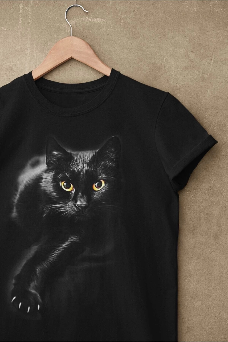 Wed Unisex Siyah Renk, Modern Regular Fit Kalıp, Yumuşak Kumaş Sevimli Kedi Tshirt