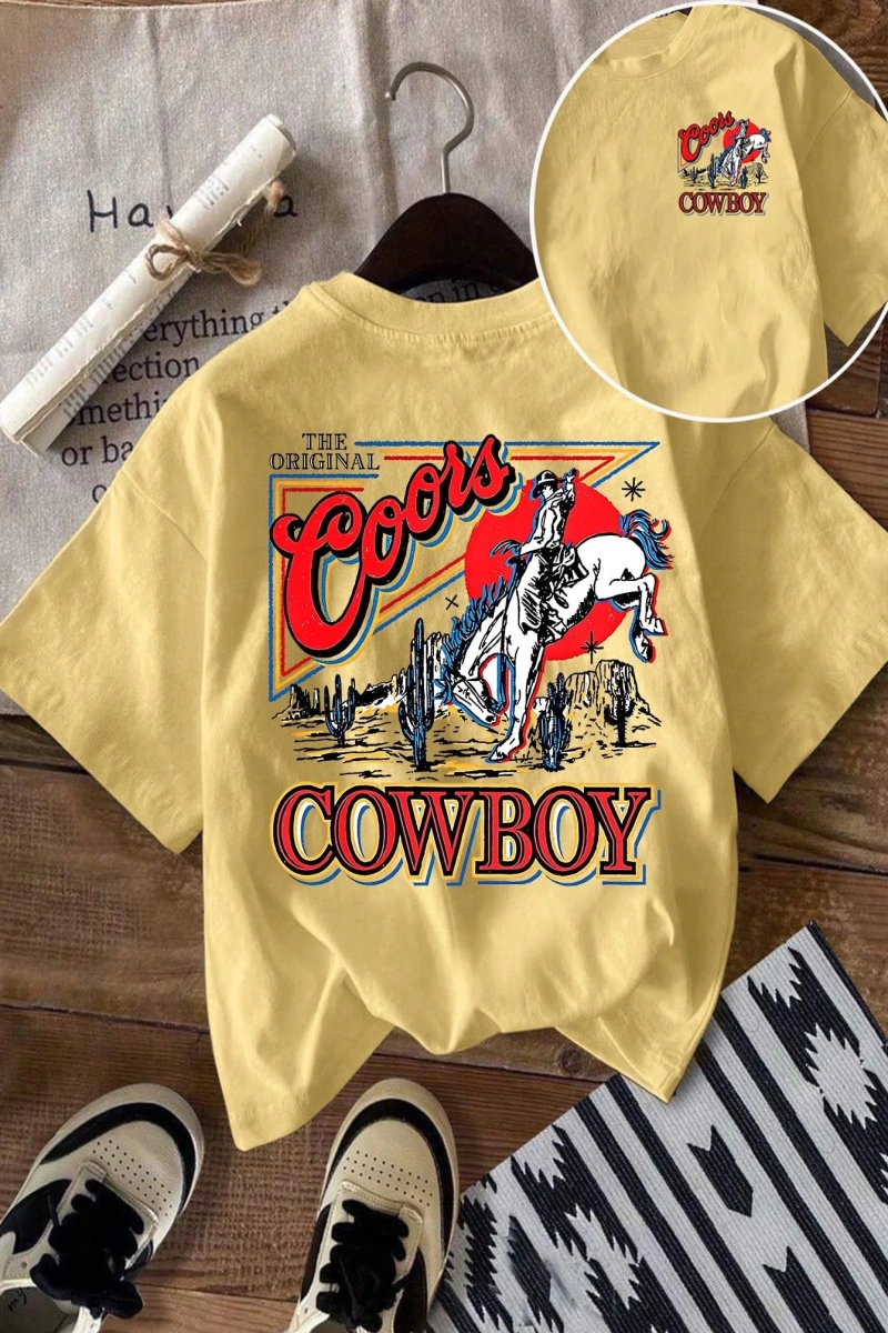 Western Cowboy Baskılı Rahat Yuvarlak Yaka Erkek Tişörtü