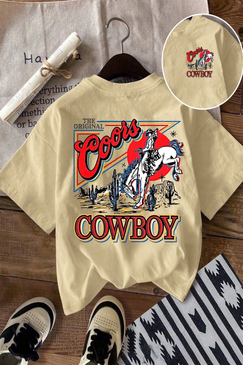 Western Cowboy Baskılı Rahat Yuvarlak Yaka Erkek Tişörtü