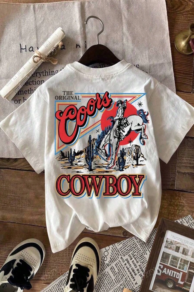 Western Cowboy Baskılı Rahat Yuvarlak Yaka Erkek Tişörtü