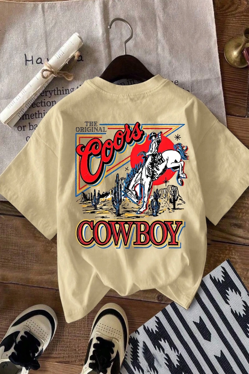 Western Cowboy Baskılı Rahat Yuvarlak Yaka Erkek Tişörtü