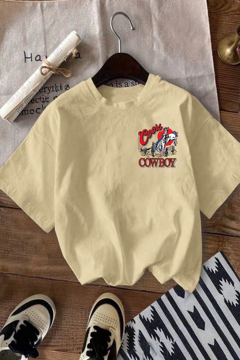 Western Cowboy Baskılı Rahat Yuvarlak Yaka Erkek Tişörtü