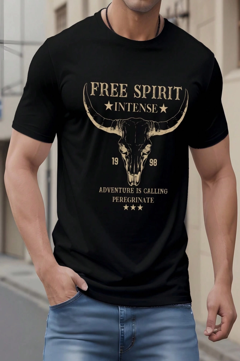 Western Cowboy Skull Print Slim Fit Erkek Siyah Tişört