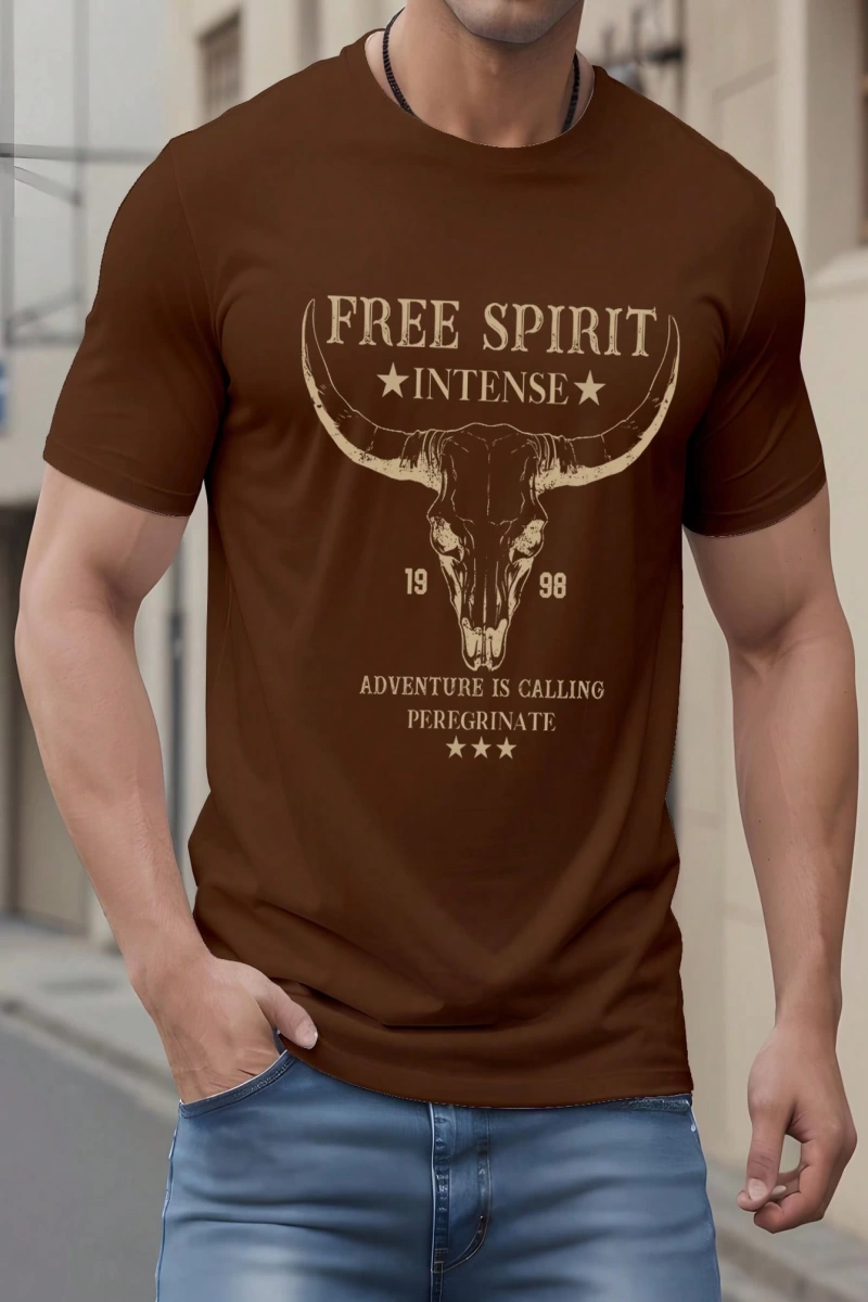 Western Cowboy Skull Print Slim Fit Erkek Siyah Tişört