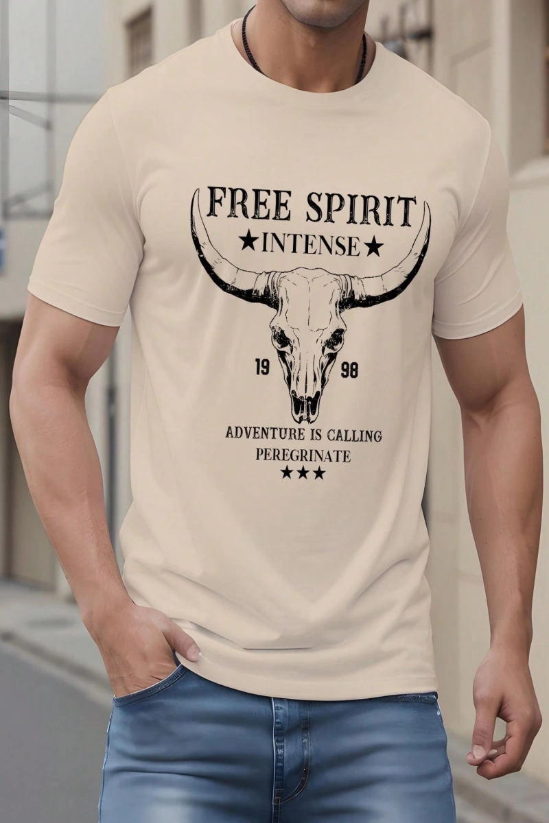 Western Cowboy Skull Print Slim Fit Erkek Siyah Tişört