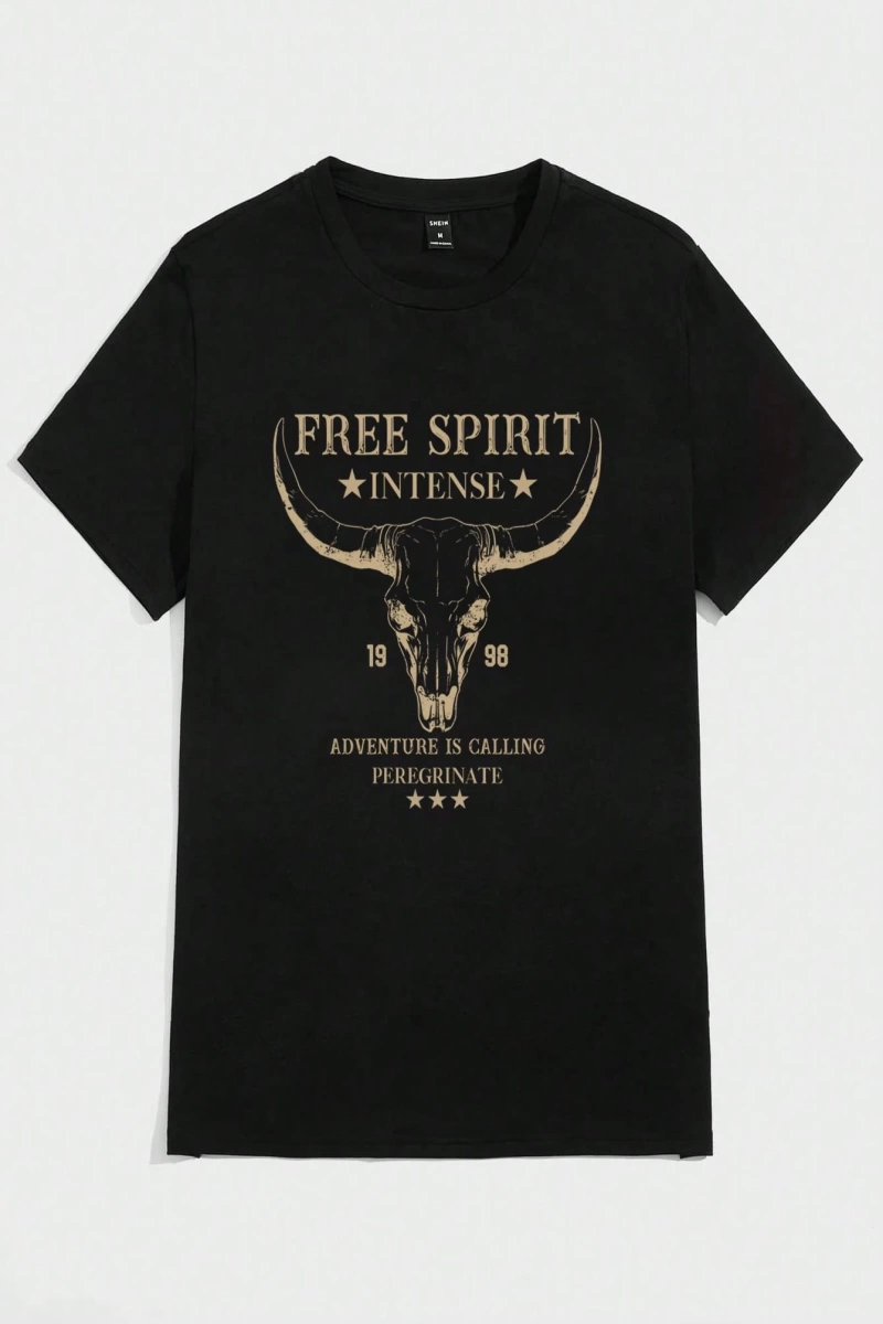 Western Cowboy Skull Print Slim Fit Erkek Siyah Tişört