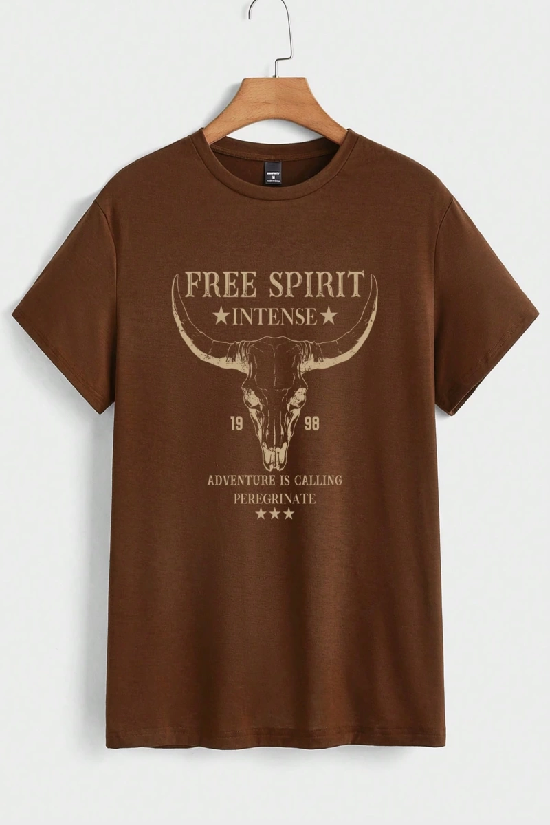 Western Cowboy Skull Print Slim Fit Erkek Siyah Tişört
