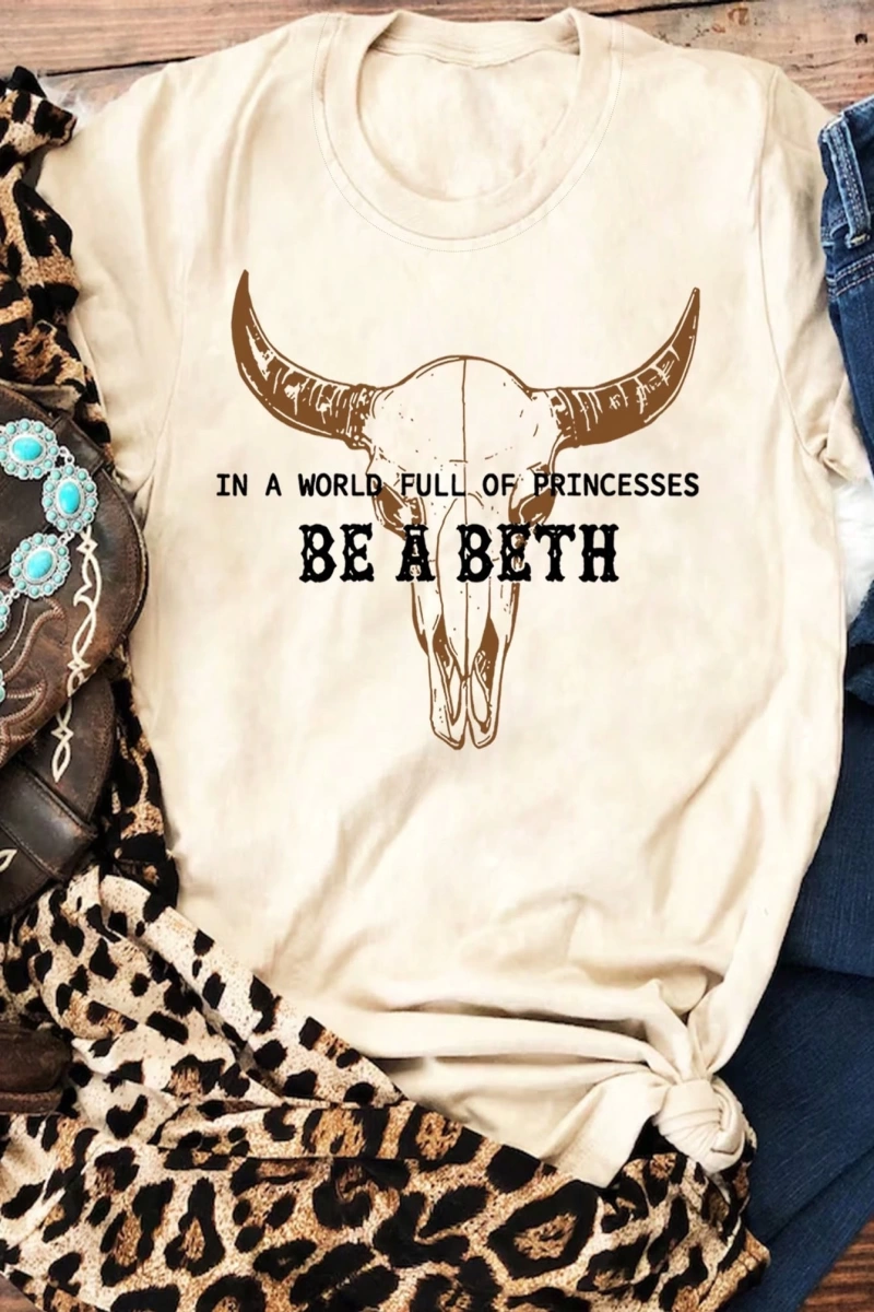 Western Cowboy Vintage Bull Graphic Kadın Rahat Yuvarlak Yaka Kısa Kollu Tişört