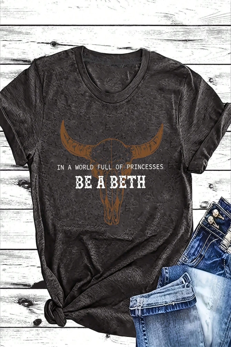 Western Cowboy Vintage Bull Graphic Kadın Rahat Yuvarlak Yaka Kısa Kollu Tişört