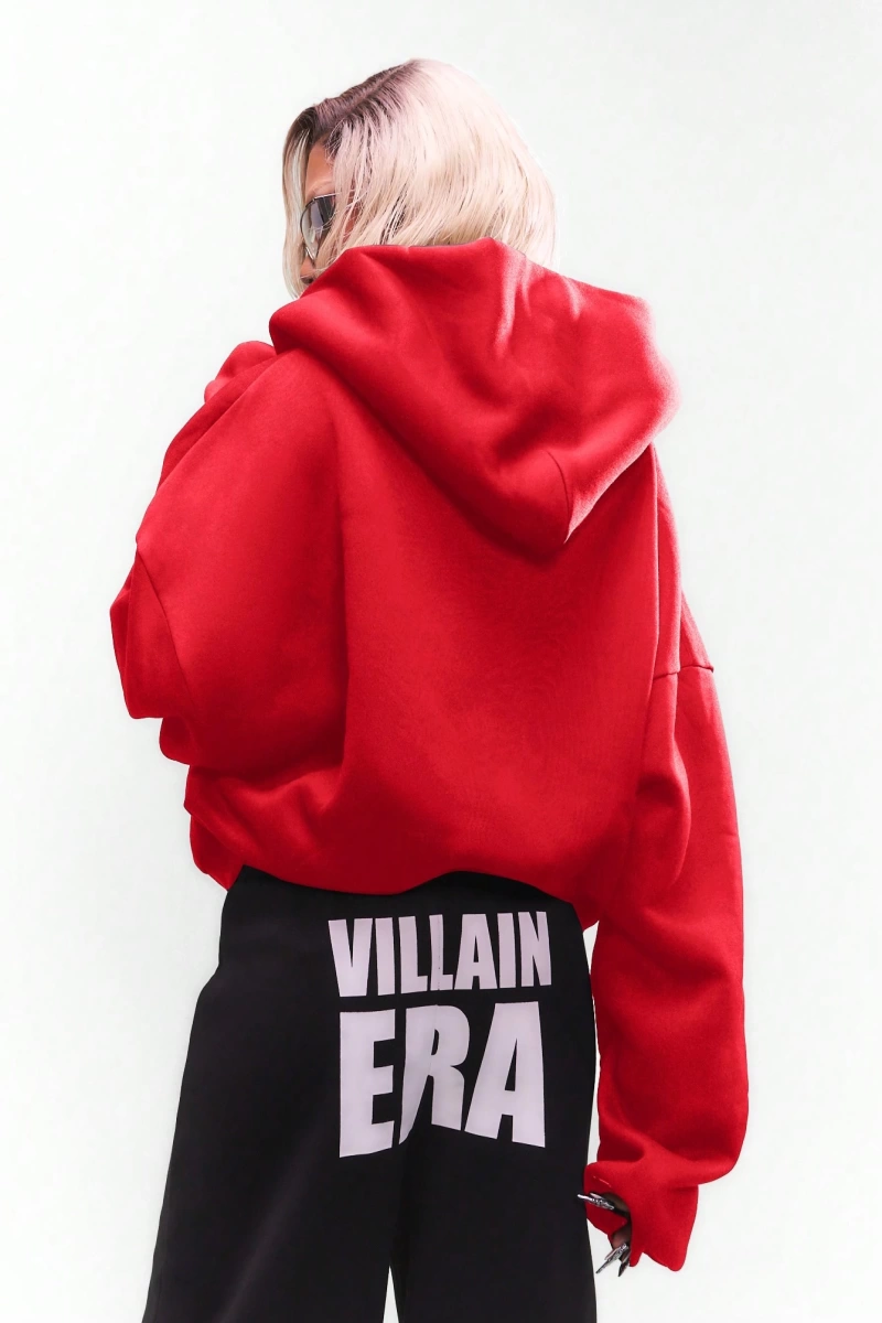 WOMEN Villain Era Tam Fermuarlı Kapşonlu Beyaz Metin Açıklaması Büyük Boy Gotik Altern Model 5207