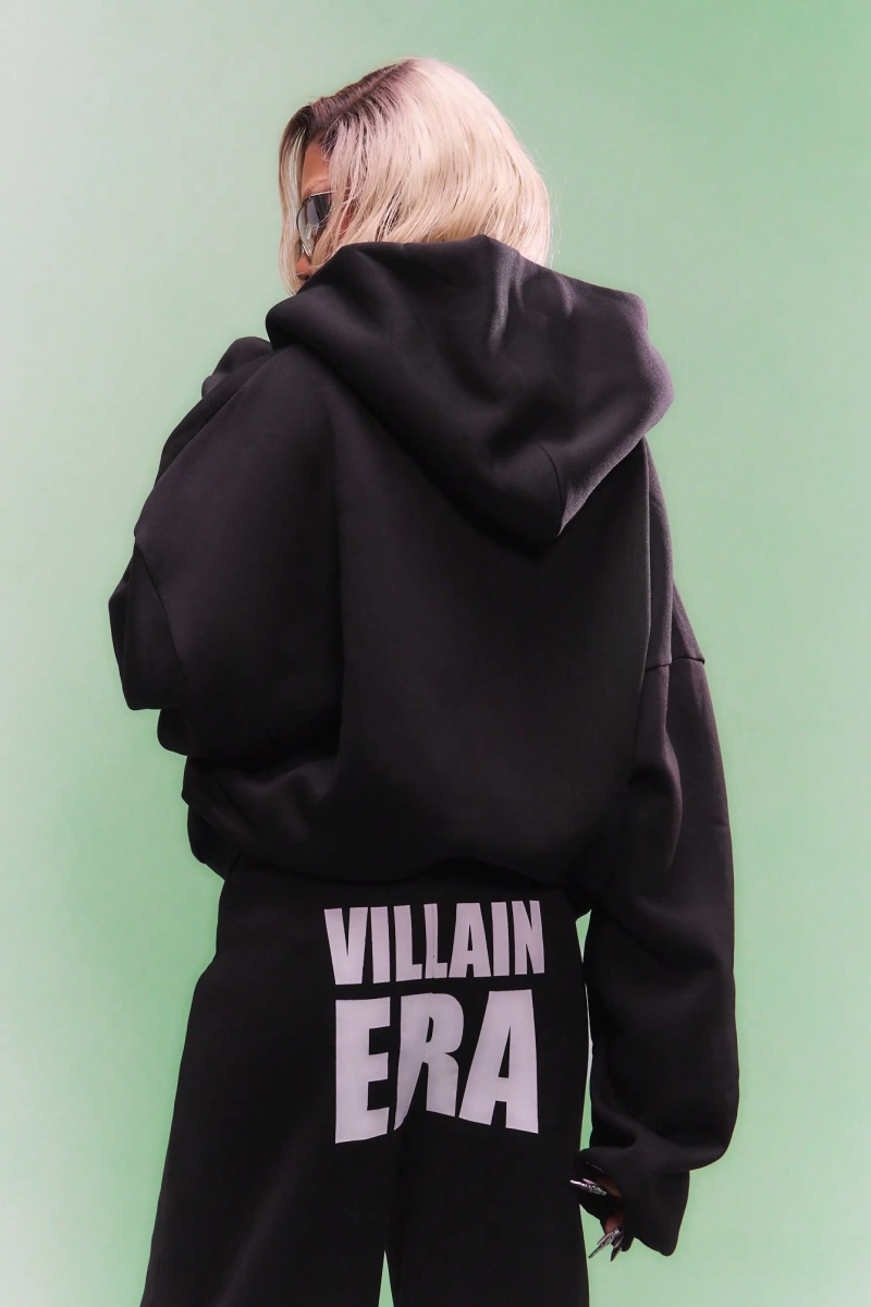 WOMEN Villain Era Tam Fermuarlı Kapşonlu Beyaz Metin Açıklaması Büyük Boy Gotik Altern Model 5207