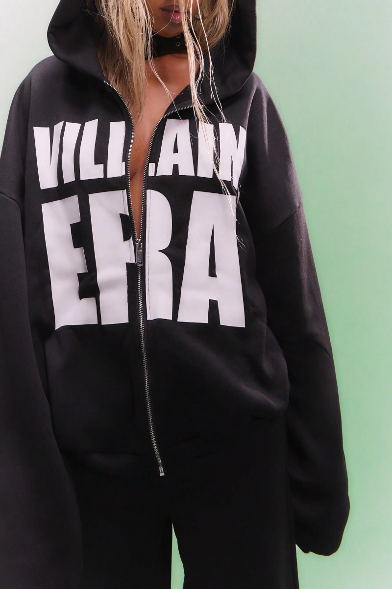 WOMEN Villain Era Tam Fermuarlı Kapşonlu Beyaz Metin Açıklaması Büyük Boy Gotik Altern Model 5207