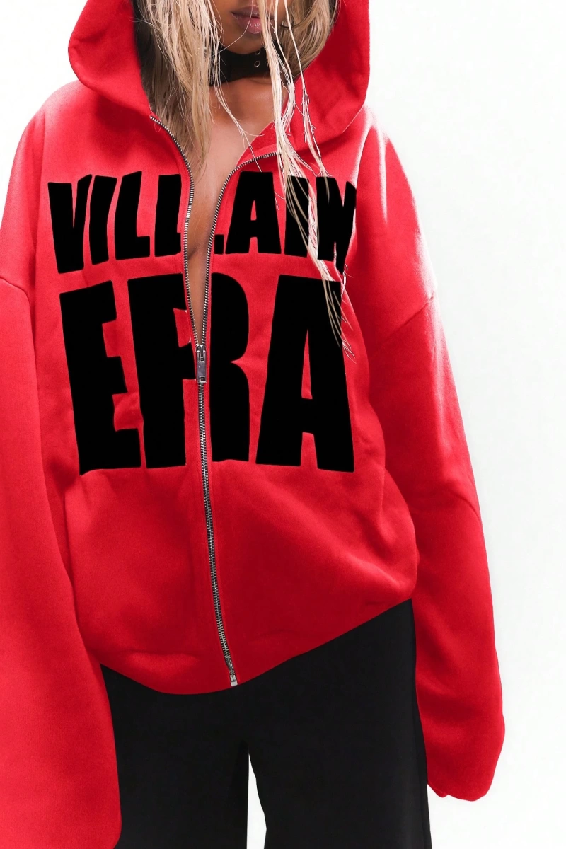 WOMEN Villain Era Tam Fermuarlı Kapşonlu Beyaz Metin Açıklaması Büyük Boy Gotik Altern Model 5207