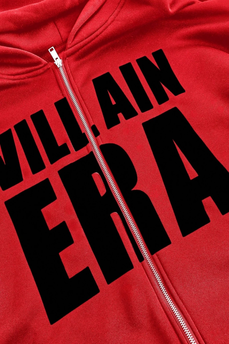WOMEN Villain Era Tam Fermuarlı Kapşonlu Beyaz Metin Açıklaması Büyük Boy Gotik Altern Model 5207