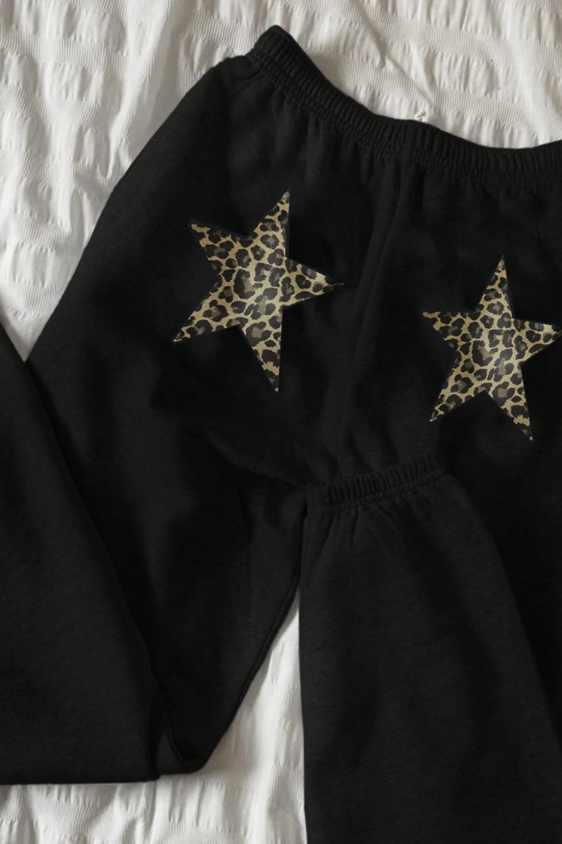 Y2K Açık Gri Leopar ve Yıldız Desenli Spor Pantolon, Rahat ve Sıcak Spor Giyim