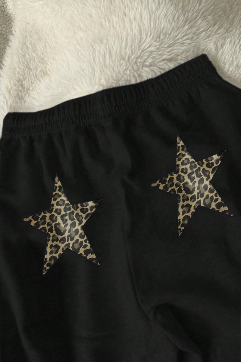 Y2K Açık Gri Leopar ve Yıldız Desenli Spor Pantolon, Rahat ve Sıcak Spor Giyim