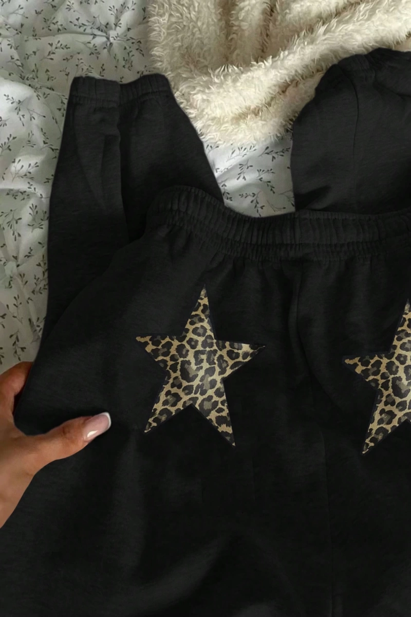 Y2K Açık Gri Leopar ve Yıldız Desenli Spor Pantolon, Rahat ve Sıcak Spor Giyim