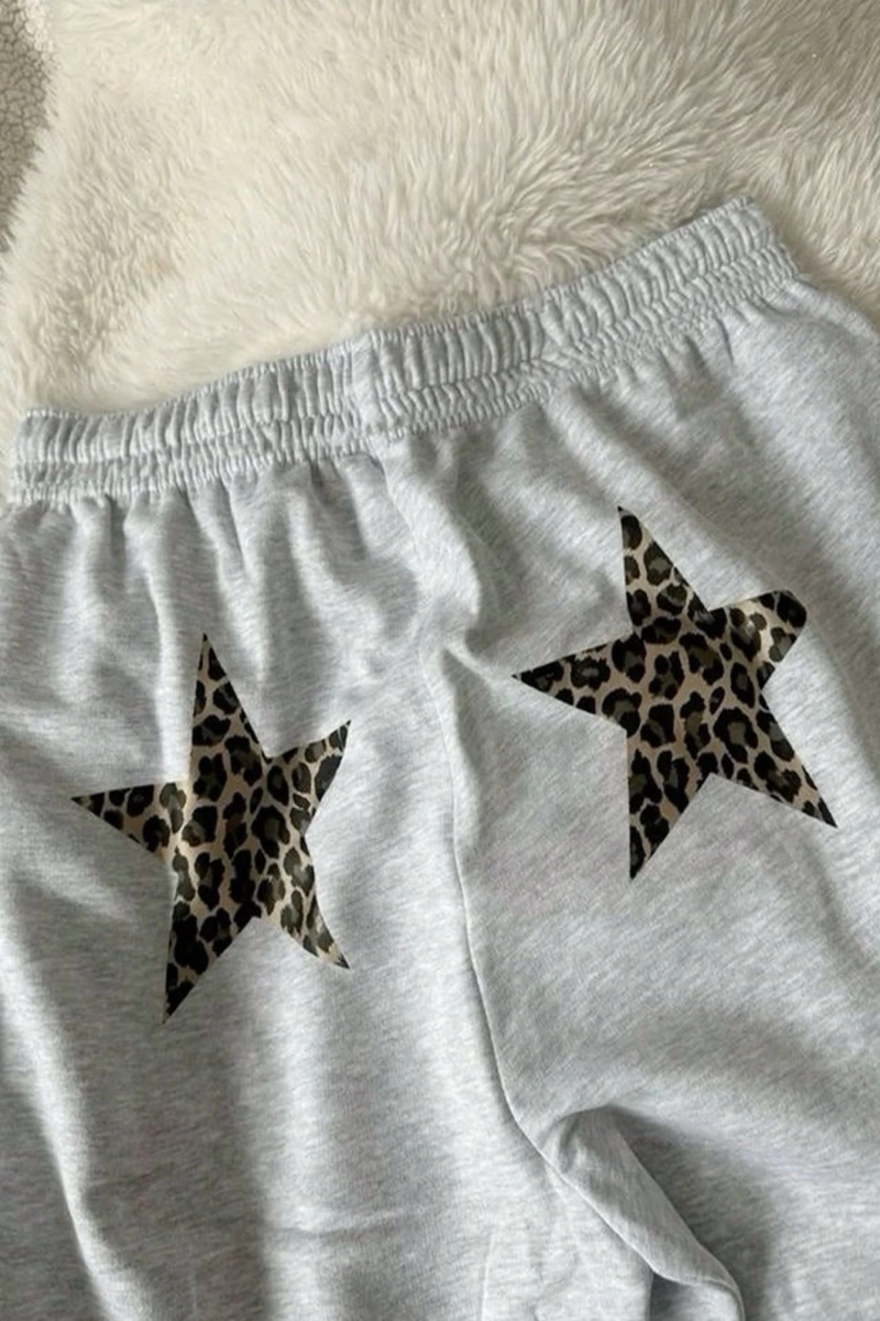 Y2K Açık Gri Leopar ve Yıldız Desenli Spor Pantolon, Rahat ve Sıcak Spor Giyim