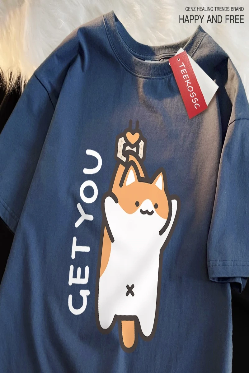 Y2k Vintage Tişört Tee Alıcı bebek eğlenceli kedi baskı japon