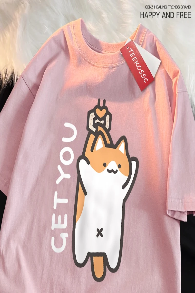 Y2k Vintage Tişört Tee Alıcı bebek eğlenceli kedi baskı japon