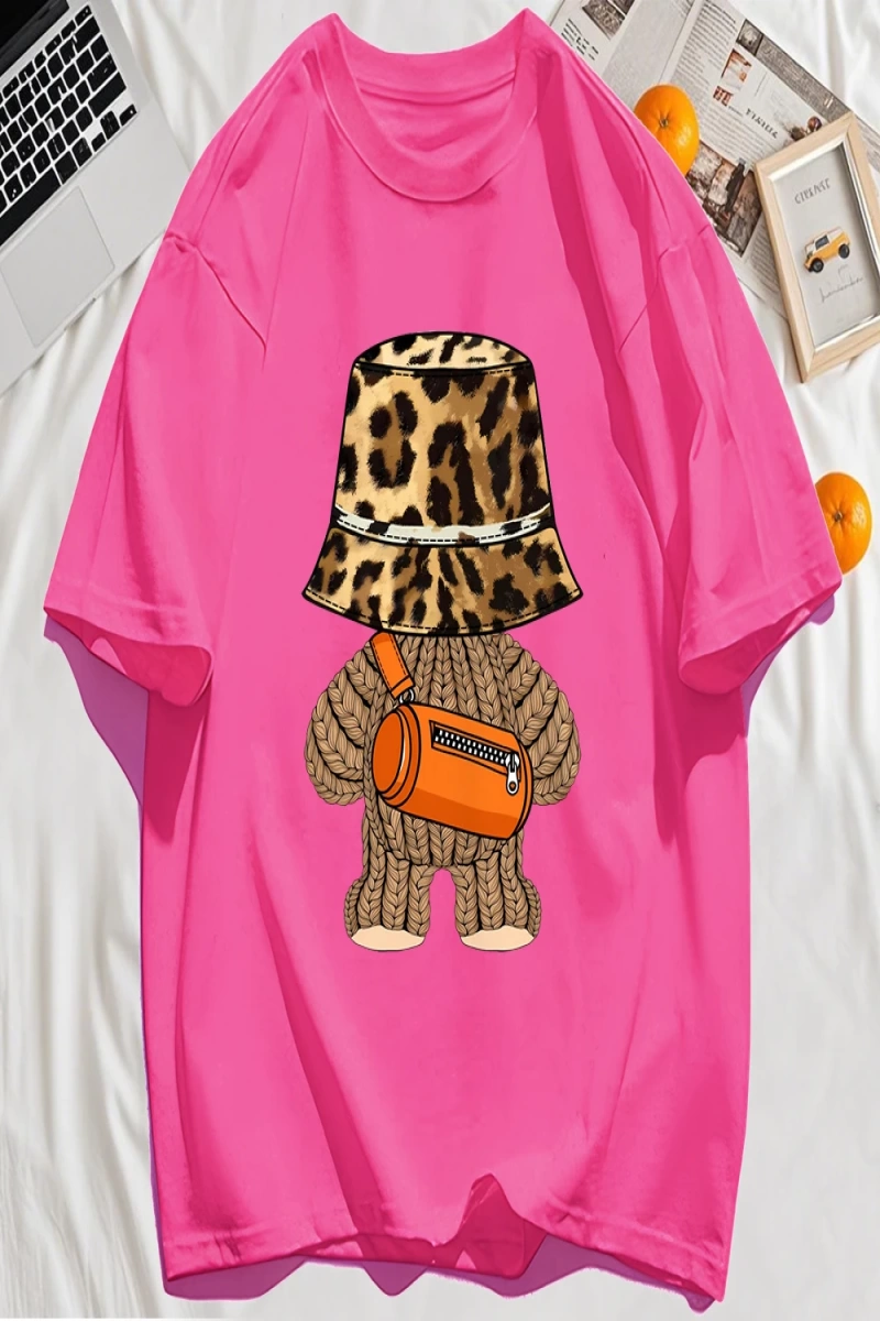 Y2k Vintage Tişört Tee Ayı Leopar Baskı Şapka Baskı
