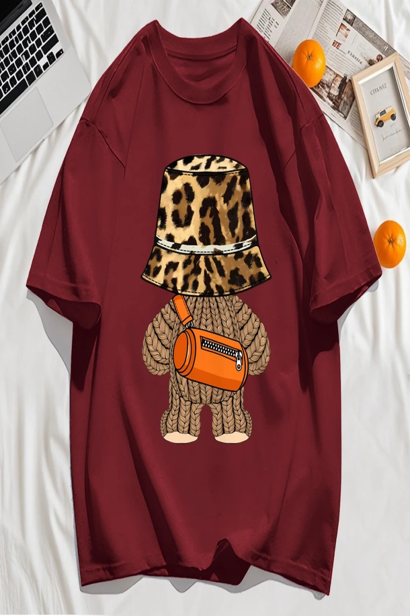 Y2k Vintage Tişört Tee Ayı Leopar Baskı Şapka Baskı