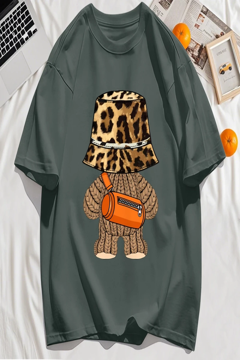 Y2k Vintage Tişört Tee Ayı Leopar Baskı Şapka Baskı