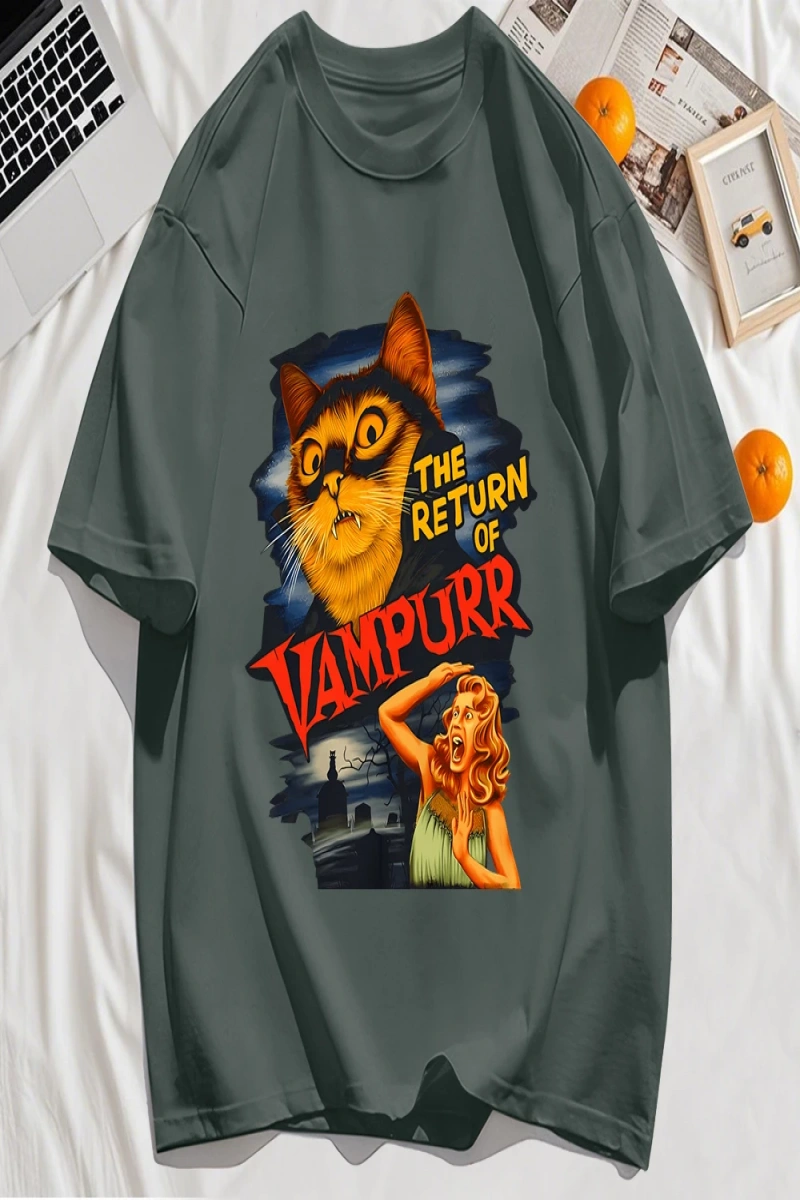 Y2k Vintage Tişört Tee Büyük bir kedi ve dişleri baskıla