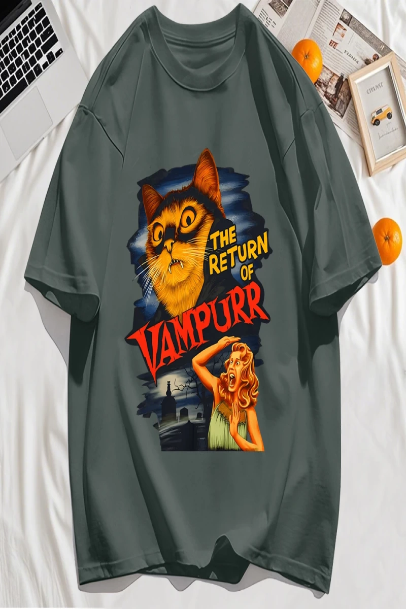 Y2k Vintage Tişört Tee Büyük bir kedi ve dişleri baskıla