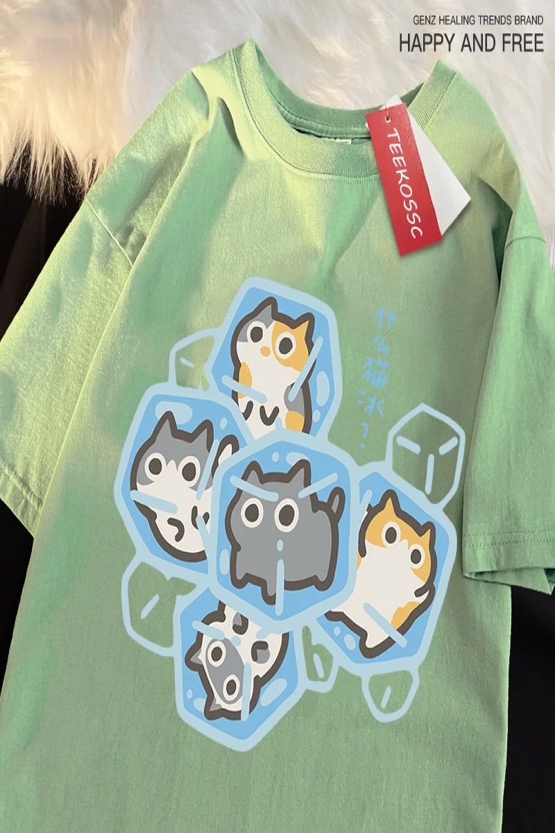 Y2k Vintage Tişört Tee Buz Kedi Eğlenceli Karikatür Kediler Baskı