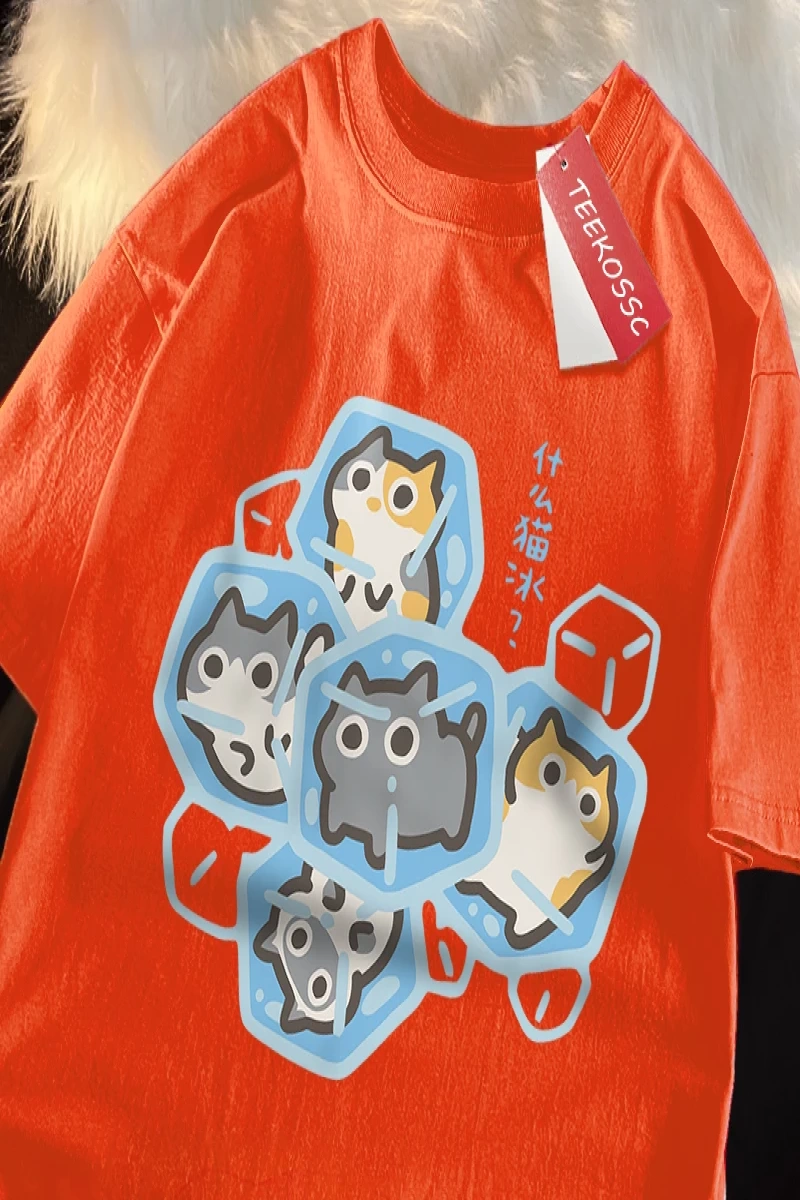 Y2k Vintage Tişört Tee Buz Kedi Eğlenceli Karikatür Kediler Baskı