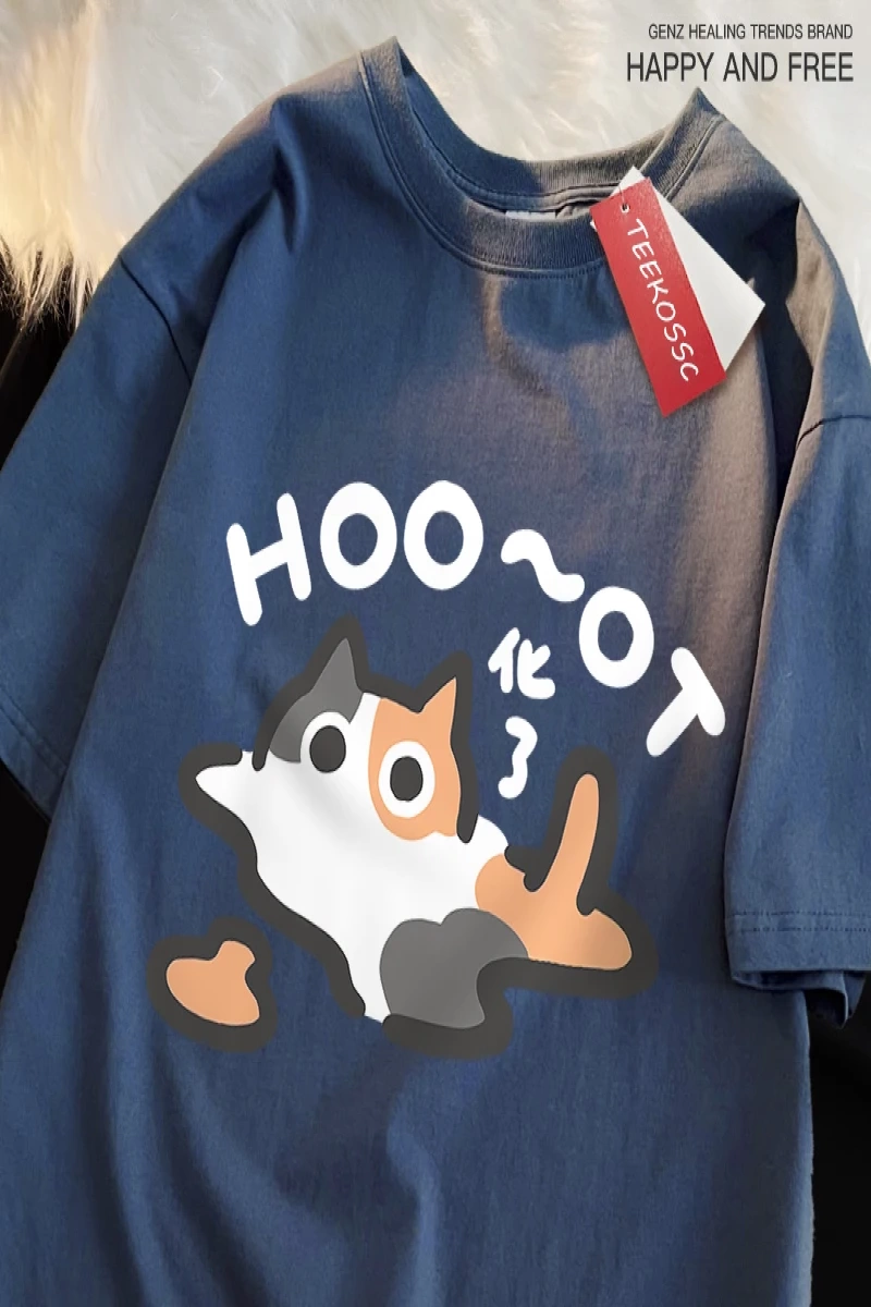 Y2k Vintage Tişört Tee Çiçek kedi erir eğlenceli japon tarzı