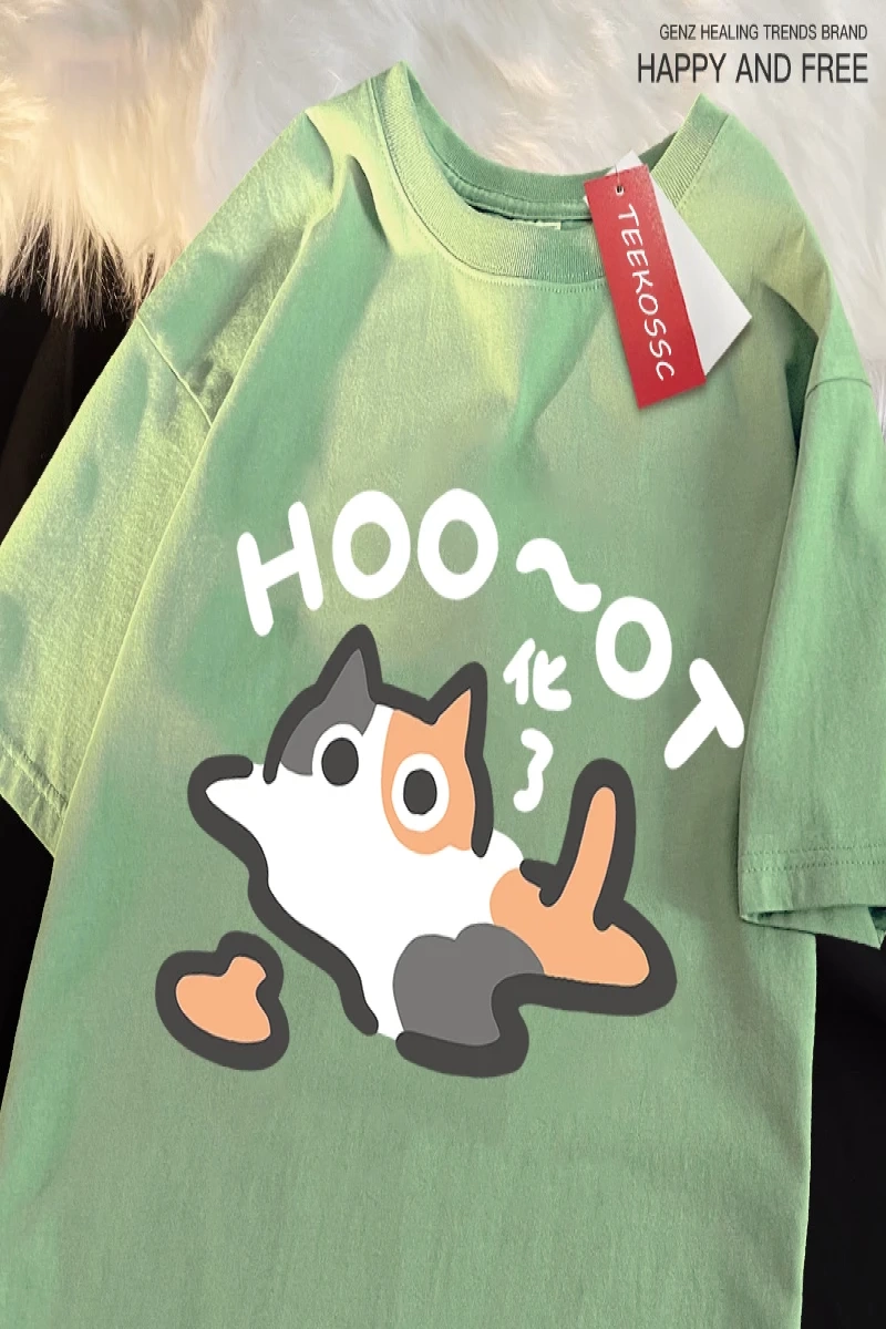 Y2k Vintage Tişört Tee Çiçek kedi erir eğlenceli japon tarzı