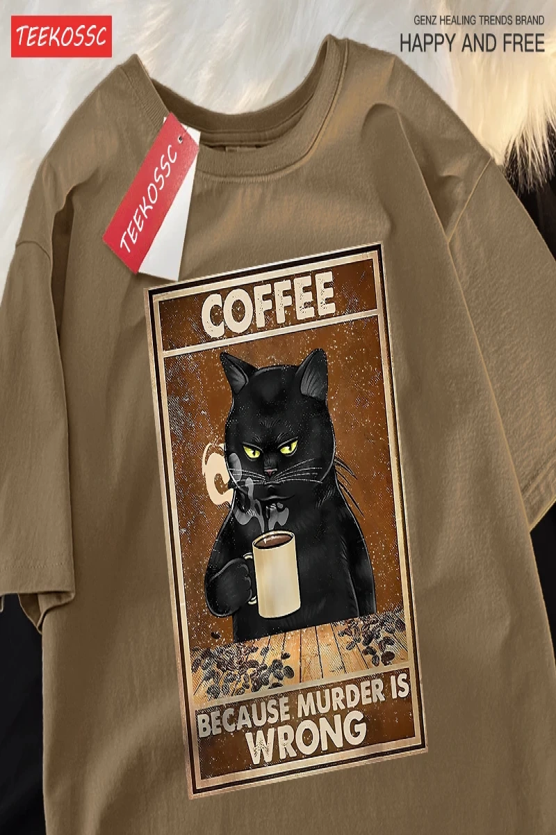 Y2k Vintage Tişört Tee Çünkü Cinayet Yanlış Siyah Kedi Kahve İçmek