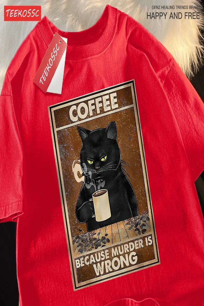 Y2k Vintage Tişört Tee Çünkü Cinayet Yanlış Siyah Kedi Kahve İçmek