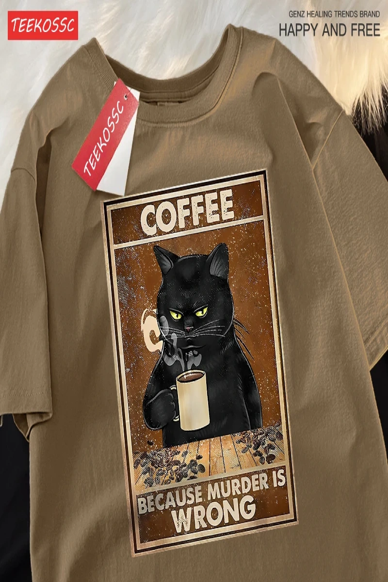 Y2k Vintage Tişört Tee Çünkü Cinayet Yanlış Siyah Kedi Kahve İçmek