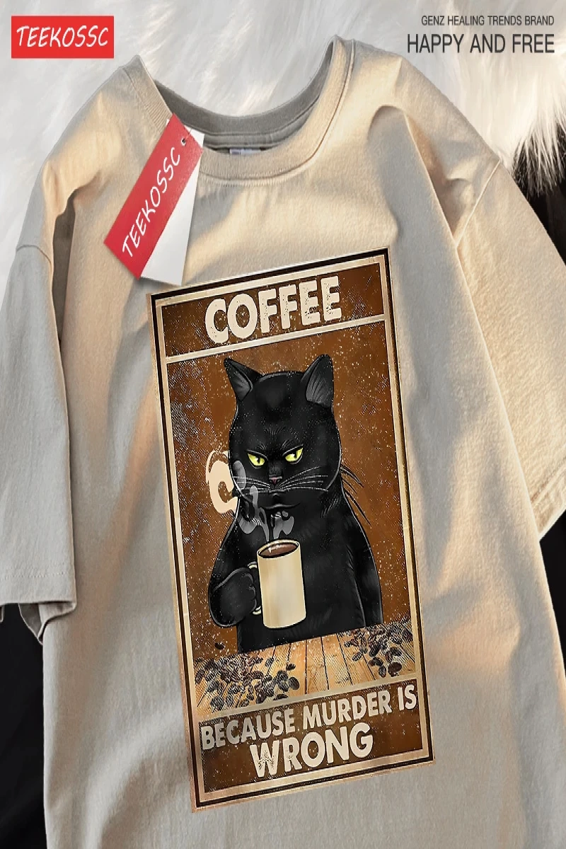 Y2k Vintage Tişört Tee Çünkü Cinayet Yanlış Siyah Kedi Kahve İçmek
