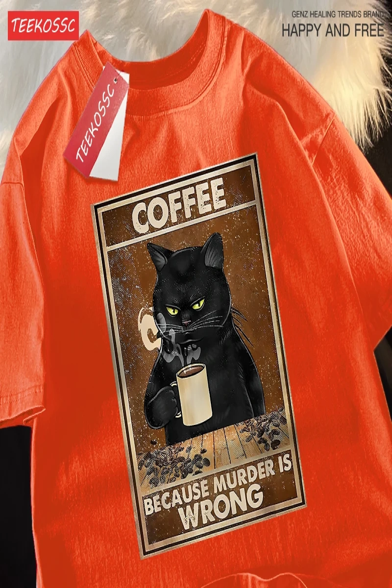 Y2k Vintage Tişört Tee Çünkü Cinayet Yanlış Siyah Kedi Kahve İçmek