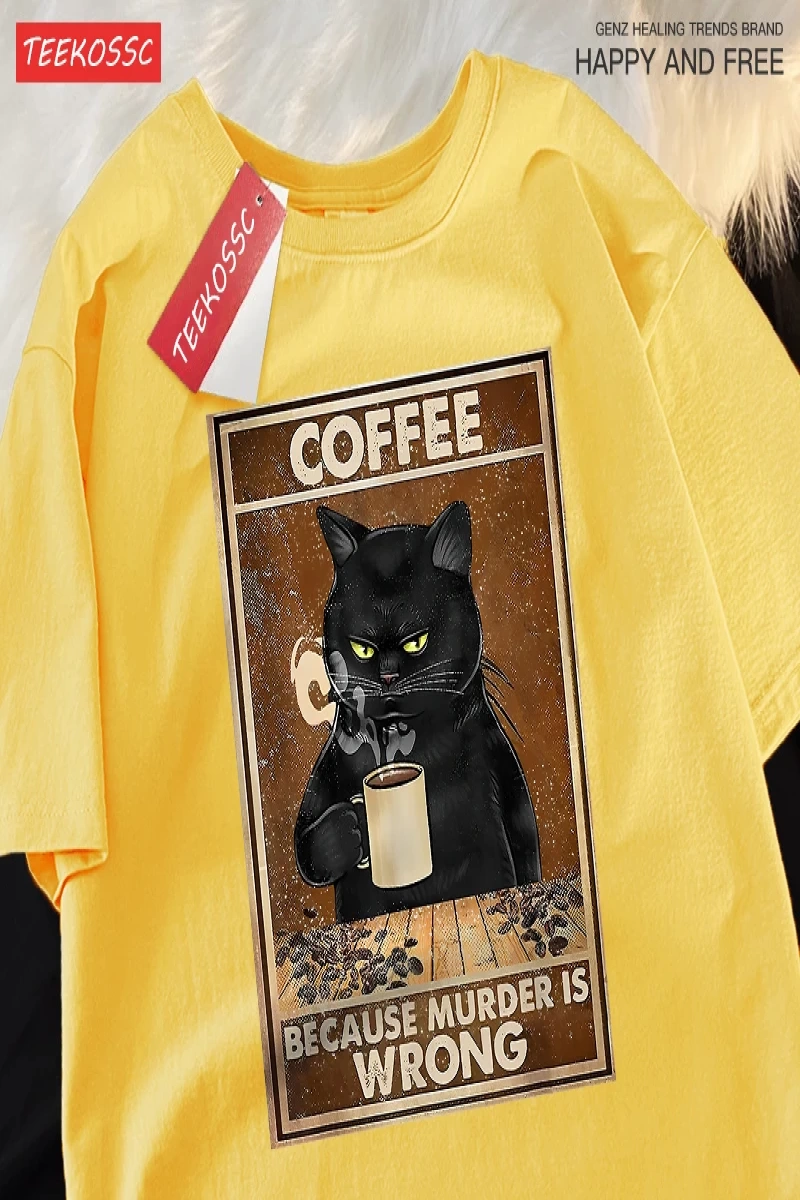 Y2k Vintage Tişört Tee Çünkü Cinayet Yanlış Siyah Kedi Kahve İçmek