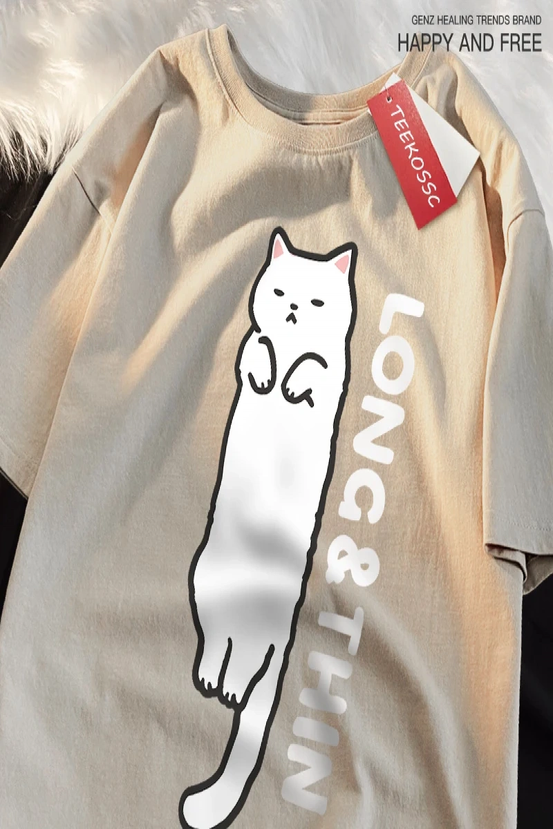 Y2k Vintage Tişört Tee Eğlenceli ince beyaz kedi japon tarzı