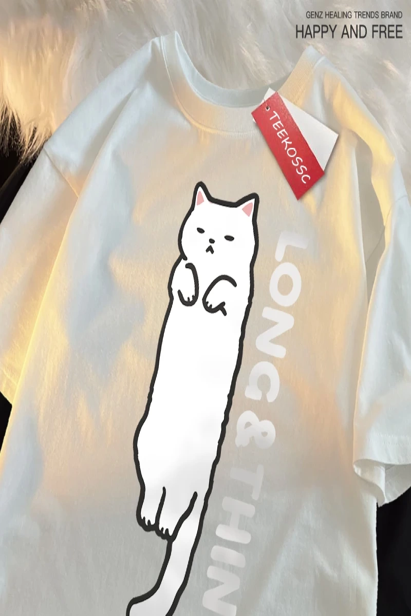 Y2k Vintage Tişört Tee Eğlenceli ince beyaz kedi japon tarzı